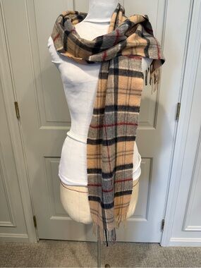 Barbour Tartan Beige Plaid Fringe Scarf